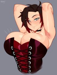 Rule 34 | 1girl, alternate breast size, armpits, arms up, black hair, blue eyes, breasts, cleavage, corset, highres, huge breasts, nezulet, ruby rose, rwby, short hair, simple background, smile, solo, upper body