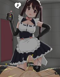 Rule 34 | 1boy, 1girl, apron, bow, bowtie, brown eyes, brown hair, cbt, controller, elbow gloves, electricity, electrocution, electrostimulation, femdom, gloves, hand on own hip, highres, long hair, maid apron, maid headdress, musical note, original, remote control, runmun, smile, spread legs, twintails, urethral insertion