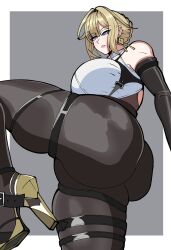 1girl ass ass_focus bare_shoulders blonde_hair breasts evelyn_chevalier from_behind gloves hair_bun high_heels huge_ass large_breasts looking_at_viewer looking_down pants parted_lips purple_eyes shingattai short_hair_with_long_locks sideboob solo thick_thighs thighs zenless_zone_zero