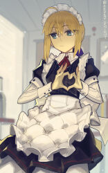 1girl ahoge apron artoria_pendragon_(all) artoria_pendragon_(fate) averting_eyes black_dress blonde_hair blue_ribbon boa_(brianoa) brown_pupils closed_mouth cowboy_shot dress fate/hollow_ataraxia fate_(series) frilled_apron frilled_hairband frills green_eyes hairband heart heart_hands looking_to_the_side maid maid_headdress ribbon saber_(fate) short_hair solo twitter_username white_apron white_hairband