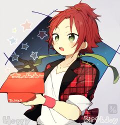 Rule 34 | 1boy, 5.5, black gloves, box, ensemble stars!, gloves, green eyes, holding, holding box, isara mao, jacket, light blush, open clothes, open jacket, open mouth, red hair, shirt, short hair, simple background, single glove, sleeves rolled up, solo, solo focus, star (symbol), teeth, upper body, upper teeth only, white shirt, wristband