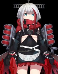 Rule 34 | 1girl, admiral graf spee (azur lane), azur lane, bad id, bad pixiv id, belt, black background, blue eyes, breasts, cowboy shot, cross, expressionless, fuki to takenoko, gluteal fold, iron cross, looking at viewer, multicolored hair, red scarf, scarf, short hair with long locks, silver hair, simple background, small breasts, solo, streaked hair, underboob, white belt