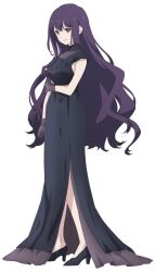 Rule 34 | 1girl, black dress, black footwear, black gloves, breasts, collarbone, dress, full body, gloves, hand on own arm, high heels, large breasts, long dress, long hair, looking at viewer, official art, open mouth, purple hair, red eyes, second-party source, see-through, side slit, sidelocks, simple background, smile, solo, standing, tachi-e, tensei oujo to tensai reijou no mahou kakumei, tilty claret, transparent background
