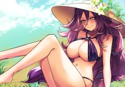 Rule 34 | 1girl, arm support, awee, bare arms, bikini, blush, breasts, cleavage, cleavage cutout, closed mouth, clothing cutout, dark mage (monster girl encyclopedia), day, flower, grass, hair between eyes, happy, hat, highres, large breasts, legs, light smile, long hair, looking at viewer, monster girl, monster girl encyclopedia, monster girl encyclopedia ii, nature, navel, outdoors, purple hair, revealing clothes, sitting, skull, sky, smile, solo, swimsuit, very long hair, yellow eyes