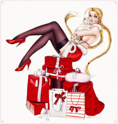 Rule 34 | 10s, 1girl, 2014, animal, antenna hair, bag, balancing, bikini, bikini top only, black thighhighs, blue eyes, box, braid, breasts, cammy white, cat, christmas, dated, female focus, full body, fur trim, gift, gift box, gtolin chang, high heels, highres, holding, holding animal, large breasts, lips, long hair, long legs, looking at viewer, miniskirt, nail polish, on box, red bikini, red footwear, red nails, red theme, scar, shoes, shopping bag, sideboob, signature, sitting, skirt, smile, solo, stiletto heels, street fighter, swimsuit, thighhighs, twin braids, very long hair, white background
