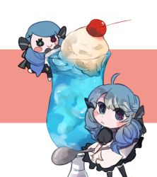Rule 34 | 1girl, :&lt;, ahoge, black bow, black thighhighs, blue hair, bow, breasts, character doll, cherry, cocktail glass, cup, dress, drill hair, drinking glass, food, fruit, green hair, grey background, grey dress, gwen (league of legends), hair bow, holding, holding spoon, ice cream, league of legends, long hair, mini person, minigirl, mongnyam (yeon-eomong), multicolored hair, pink background, puffy short sleeves, puffy sleeves, short sleeves, smile, spoon, thighhighs, twin drills, twintails, two-tone hair