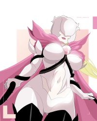 Rule 34 | 1girl, between breasts, breasts, cape, clothing cutout, digimon, flower, highres, large breasts, lipstick, makeup, navel, navel cutout, pink lips, rose, rosemon, rosemon burst mode, solo, thorns, white flower, white rose