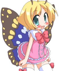 Rule 34 | 1girl, :d, ahoge, antennae, aqua eyes, bare arms, blonde hair, blue eyes, blush, bow, bowtie, bug, butterfly, butterfly wings, cowboy shot, dress, flat chest, frilled dress, frills, geetsu, insect, insect wings, looking at viewer, oekaki, open mouth, red bow, shimon (shimotsuma), shimotsuma, short dress, short hair, simple background, sleeveless, sleeveless dress, smile, solo, source request, thighhighs, white background, white thighhighs, wings, zettai ryouiki