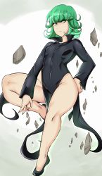 Rule 34 | 1girl, absurdres, black dress, black footwear, breasts, closed mouth, covered navel, curly hair, debris, dress, erovsaaaka, full body, green eyes, green hair, highres, legs, long sleeves, looking to the side, matching hair/eyes, one-punch man, shoes, short hair, side slit, small breasts, solo, tatsumaki, thick thighs, thighs, white background