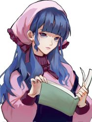 Rule 34 | 1girl, ace attorney, bandana, blue eyes, book, eyebrows hidden by hair, hair behind ear, head tilt, highres, holding, holding book, looking at viewer, off shoulder, open book, overalls, pink bandana, pink sweater, portrait, purple lips, solo, sweater, vera misham, white background, zhao yifei