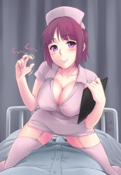 Rule 34 | 1girl, artist name, bed, blush, breasts, bulge, cleavage, clipboard, erection, erection under clothes, garter straps, girl on top, hat, hetero, hospital bed, korisei, large breasts, nurse, nurse cap, original, pink eyes, pink thighhighs, red hair, signature, smile, thighhighs