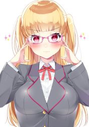 Rule 34 | 1girl, adjusting eyewear, bad id, bad twitter id, blonde hair, blush, breasts, collared shirt, eyebrows, glasses, highres, large breasts, long hair, looking at viewer, neck ribbon, nezumi doshi, pink-framed eyewear, red eyes, red ribbon, ribbon, school uniform, shirt, simple background, solo, sparkle background, tokyo 7th sisters, two side up, uesugi u. kyouko, upper body, white shirt