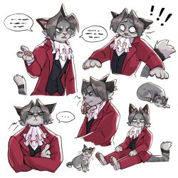 Rule 34 | !, !!, ..., 1boy, ace attorney, animal ears, animal nose, animalization, ascot, body fur, cat, cat boy, cat ears, cat tail, closed eyes, closed mouth, commentary, crossed arms, english commentary, faintsuns, formal, furrification, furry, furry male, grey eyes, grey fur, grey hair, highres, long sleeves, looking at viewer, male focus, miles edgeworth, multiple views, pants, pawpads, red pants, red suit, simple background, sitting, snout, speech bubble, spoken ellipsis, suit, tail, white background