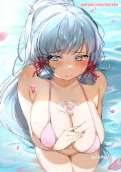 Rule 34 | 1girl, artist name, ayaka (genshin impact), bare shoulders, blue eyes, blue hair, blunt bangs, blush, breasts, closed mouth, genshin impact, hair ornament, hair ribbon, highres, huge breasts, long hair, looking to the side, mole, mole under eye, petals, ponytail, ribbon, sidelocks, skyrelle, solo, swimsuit, tress ribbon, water, wet