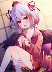 Rule 34 | 1girl, asymmetrical legwear, black wings, blush, brown jacket, commentary request, cup, drinking glass, fang, feathered wings, feet out of frame, gradient hair, hair ribbon, hat, highres, holding, holding cup, indie virtual youtuber, indoors, jacket, knees up, long sleeves, looking at viewer, meito (maze), mini hat, multicolored hair, open clothes, open jacket, open mouth, original, pleated skirt, purple eyes, red hair, red hat, red ribbon, red skirt, ribbon, silver hair, sitting, skirt, solo, thick eyebrows, thighhighs, thighhighs pull, tokin hat, uneven legwear, virtual youtuber, white thighhighs, wings