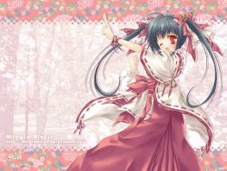 Rule 34 | 1girl, hakama, hakama skirt, japanese clothes, miko, red hakama, skirt, solo, takano yuki (allegro mistic), twintails, wallpaper