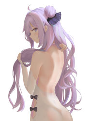 Rule 34 | 1girl, absurdres, ahoge, argyle, argyle clothes, argyle cutout, ass, azur lane, back, backless dress, backless outfit, bare shoulders, black bow, bow, closed mouth, clothing cutout, commentary request, detached sleeves, dress, from behind, hair bun, halterneck, heart, heart-shaped pupils, highres, holding, holding hair, long hair, long sleeves, looking at viewer, looking back, purple hair, ru zhai, side bun, side cutout, sidelocks, simple background, single hair bun, single side bun, solo, symbol-shaped pupils, unicorn (azur lane), upper body, white background, white dress