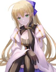 Rule 34 | 1girl, ahoge, artoria caster (third ascension) (fate), black dress, blonde hair, blue bow, bow, cleavage cutout, clothing cutout, commentary request, dress, fate/grand order, fate (series), hair between eyes, hair bow, head on hand, highres, juliet sleeves, kaori (vuoian appxv), long hair, long sleeves, looking at viewer, ponytail, puffy sleeves, sidelocks, sitting, solo, white background