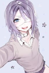 Rule 34 | 1girl, bandages, blue eyes, blue hair, blush, breasts, choker, chuunibyou, eyepatch, fang, flat chest, long hair, matching hair/eyes, medical eyepatch, nekometaru, original, pentagram, school uniform, simple background, small breasts, smile, solo, tongue, tongue out, triangle