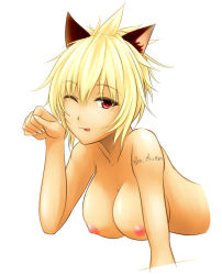 Rule 34 | 1girl, animal ears, blonde hair, breasts, female focus, large breasts, league of legends, looking at viewer, nipples, nude, one eye closed, red eyes, riven (league of legends), short hair, simple background, solo, tongue, tongue out