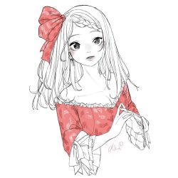 Rule 34 | 1girl, bare shoulders, black eyes, blush, braid, breasts, cleavage, collarbone, frilled shirt collar, frills, hair ribbon, highres, limited palette, long hair, off shoulder, original, parted lips, pink ribbon, pink shirt, print shirt, ribbon, rinotuna, shirt, simple background, solo, spot color, white background, white hair
