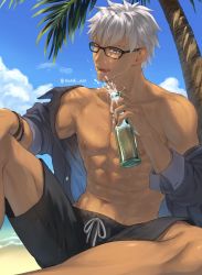 Rule 34 | &gt; o, 1boy, ;p, abs, alcohol, archer (fate), black male swimwear, black swim trunks, bottle, cloud, dark-skinned male, dark skin, day, drawstring, fate/stay night, fate (series), glasses, grey eyes, grey shirt, highres, holding, holding bottle, looking at viewer, male focus, male swimwear, mondi hl, navel, nipples, one eye closed, open clothes, open shirt, outdoors, shirt, short hair, sitting, sky, solo, summer, swim trunks, swimsuit, toned, toned male, tongue, tongue out, twitter username, white hair, wristband