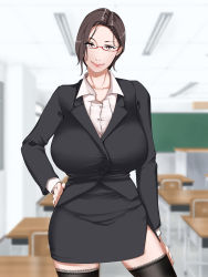 Rule 34 | 1girl, arm at side, black hair, black skirt, black suit, blurry, blurry background, breasts, brown eyes, business suit, chair, chalkboard, classroom, closed mouth, cowboy shot, desk, female focus, formal, glasses, hand on own hip, highres, huge breasts, indoors, legs, looking at viewer, nypaon, original, pencil skirt, red-framed eyewear, semi-rimless eyewear, short hair, skirt, smile, solo, standing, suit, teacher, thighhighs, thighs, zettai ryouiki