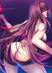 Rule 34 | 1girl, akeyama kitsune, ass, back, breasts, butt crack, cloth, dual wielding, fate/grand order, fate (series), gae bolg (fate), hair intakes, holding, large breasts, long hair, looking at viewer, looking back, nude, polearm, purple hair, red eyes, scathach (fate), scathach (fate), smile, solo, spear, very long hair, weapon