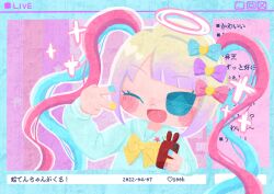 Rule 34 | 1girl, ;d, absurdres, blonde hair, blue bow, blue eyes, blue hair, blue nails, blue shirt, blush, bow, cellphone, chibi, chouzetsusaikawa tenshi-chan, commentary request, endoumameko, hair bow, hair ornament, halo, heart, heart hair ornament, highres, holding, holding phone, livestream, long hair, long sleeves, looking at viewer, multicolored hair, multicolored nails, multiple hair bows, needy girl overdose, one eye closed, open mouth, outline, phone, pink bow, pink hair, purple bow, quad tails, sailor collar, shirt, smartphone, smile, solo, sparkle, translation request, twintails, upper body, v, very long hair, white outline, window (computing), yellow bow, yellow nails