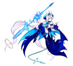 Rule 34 | 1girl, blue bow, blue eyes, blue footwear, blue thighhighs, boots, bow, closed mouth, crossed legs, detached sleeves, elsword, floating, full body, highres, horns, hwansang, knee boots, long hair, looking away, luciela r. sourcream, magic, noblesse (elsword), official art, pointy ears, smile, solo, tail, thighhighs, thighhighs under boots, tiara, transparent background, twintails, white hair