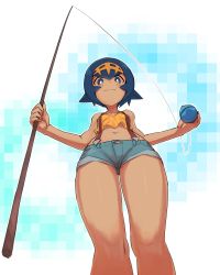 Rule 34 | 1girl, bare shoulders, blouse, blue eyes, blue hair, bright pupils, cosplay, creatures (company), dive ball, fishing rod, from below, game freak, hair between eyes, hairband, highres, lana (pokemon), legs together, misty (pokemon), misty (pokemon) (cosplay), nintendo, nyonn24, poke ball, pokemon, pokemon (anime), pokemon (classic anime), pokemon sm, shirt, short hair, short shorts, shorts, solo, standing, suspender shorts, suspenders, thighs, trial captain, white pupils, yellow shirt