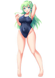 Rule 34 | 1girl, barefoot, blue one-piece swimsuit, breasts, cameltoe, commentary request, commission, competition swimsuit, covered erect nipples, covered navel, frog hair ornament, full body, green eyes, green hair, hair ornament, hair tubes, highres, kochiya sanae, large breasts, long hair, looking at viewer, one-piece swimsuit, simple background, skeb commission, snake hair ornament, solo, standing, swimsuit, tachi-e, tokyo yamane, touhou, white background