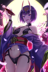Rule 34 | 1girl, :d, alcohol, bob cut, breasts, cherry blossoms, cup, eyebrows, fangs, fate/grand order, fate (series), flywinga7, full moon, horns, japanese clothes, kimono, looking at viewer, moon, navel, oni, open mouth, petals, purple eyes, purple hair, sakazuki, sake, short hair, shuten douji (fate), skin-covered horns, small breasts, smile, solo