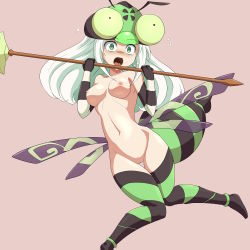 Rule 34 | 1girl, absurdres, antennae, arthropod girl, bee lancer, breasts, clam curry, green eyes, highres, insect wings, long hair, medium breasts, monster girl, nude, polearm, seiken densetsu, seiken densetsu 3, spear, weapon, white hair, wings