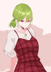 Rule 34 | 1girl, adapted costume, alternate hairstyle, closed mouth, commentary, green hair, jewelry, kazami yuuka, looking at viewer, pendant, pink background, plaid, plaid skirt, plaid vest, red eyes, red skirt, red vest, shirt, skirt, smile, solo, tohoyuukarin, touhou, vest, white shirt