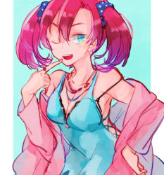 Rule 34 | 1girl, blue eyes, bra, digimon, digimon story: cyber sleuth, one eye closed, red hair, shiramine nokia, smile, solo, twintails, underwear, wink