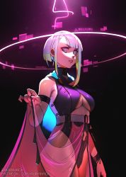 Rule 34 | 1girl, aurahack, bare shoulders, blue eyes, bodysuit, breasts, commentary, cyberpunk (series), cyberpunk edgerunners, cyborg, english commentary, halo, highres, holding, lucy (cyberpunk), medium breasts, off shoulder, parted bangs, red lips, simple background, solo, teeth, white hair