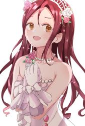 Rule 34 | 1girl, alternate hairstyle, artist name, artist request, bare shoulders, blush, bow, breasts, brown eyes, brown hair, cleavage, clenched hand, close-up, collarbone, curly hair, dress, dress bow, elbow gloves, female focus, flower, gloves, hair between eyes, hair flower, hair ornament, highres, ioring studio, jewelry, lace, lace-trimmed gloves, lace trim, long hair, looking at viewer, love live!, love live! school idol festival, love live! sunshine!!, medium breasts, nagisa iori, necklace, own hands together, parted lips, pearl necklace, pink flower, pink rose, plaid, plaid dress, pleated, pleated dress, red flower, red hair, ribbon, rose, sakurauchi riko, sleeveless, sleeveless dress, smile, solo, tiara, upper body, wedding dress, white background, white bow, white dress, white flower, white gloves, white ribbon, wrist bow, wrist ribbon, yellow eyes