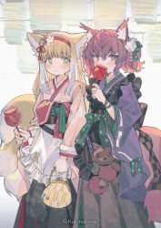 Rule 34 | 2girls, alternate costume, animal ear fluff, animal ears, apron, arknights, artist name, bag, black apron, black hakama, blonde hair, blush, bow, candy apple, coin purse, commentary, flower, food, fox ears, fox girl, fox tail, frilled apron, frills, green bow, green eyes, hair flower, hair ornament, hairband, hakama, hakama skirt, highres, holding, holding bag, holding food, japanese clothes, kimono, kitsune, long sleeves, looking at another, looking at viewer, medium hair, morte (arknights), multicolored hair, multiple girls, multiple tails, obi, official alternate costume, pink kimono, purple hair, purple kimono, red hairband, red medicine, sash, shamare (arknights), skirt, smile, stuffed wolf, suzuran (arknights), suzuran (yukibare) (arknights), symbol-only commentary, tail, tassel, twintails, two-tone hair, waist apron, white apron, white hair, wide sleeves, yagasuri