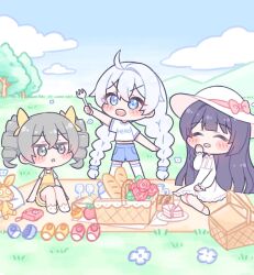 Rule 34 | 3girls, :d, :o, ^ ^, ahoge, baguette, basket, blue footwear, blue shorts, blue sky, blush stickers, bow, braid, bread, bronya zaychik, cake, cake slice, character request, chibi, closed eyes, clothes writing, cloud, collared dress, commentary, cup, day, dress, drill hair, drinking glass, english commentary, english text, flower, food, fork, grass, hand up, hat, hat bow, highres, holding, holding fork, homu (honkai impact), honkai (series), honkai impact 3rd, kiana kaslana, low twintails, multiple girls, no shoes, open mouth, outdoors, parted lips, picnic, picnic basket, pillow, pink bow, pink footwear, plate, red flower, red rose, rose, shirt, shoes, unworn shoes, short sleeves, shorts, single hair intake, sitting, sky, sleeveless, sleeveless dress, smile, socks, standing, stuffed toy, sun hat, thighhighs, tree, twin braids, twin drills, twintails, velcozz, white dress, white headwear, white shirt, white socks, white thighhighs, wine glass, yellow dress, yellow footwear