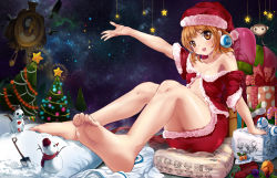 Rule 34 | 1girl, :d, absurdres, arm up, barefoot, blush, box, brown eyes, brown hair, christmas, christmas tree, feet, gift, gift box, hat, highres, legs, mianbaoshi mengxiang, night, open mouth, original, outstretched arm, santa costume, santa hat, short hair, shovel, sitting, skirt, sky, smile, snowman, soles, solo, star (sky), star (symbol), starry sky, toes, worktool