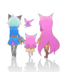 Rule 34 | 1boy, 2girls, animal ears, blue hair, child, colored skin, fairy, holding hands, if they mated, league of legends, long hair, lulu (league of legends), multiple girls, parent and child, pix (league of legends), purple hair, purple skin, sleeves past wrists, veigar, very long hair, wings, yan531, yordle