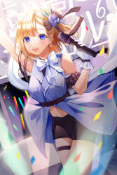Rule 34 | 1girl, absurdres, arm up, belt, black belt, black bow, black shorts, blue eyes, blue shirt, blunt bangs, blurry, blurry foreground, blush, bow, collared shirt, commentary, confetti, detached sleeves, earrings, floating hair, flower, frilled gloves, frilled sleeves, frills, fu u03, gloves, glowstick, hair bow, hair flower, hair ornament, highres, holding, holding microphone, honeyworks, idol, idol clothes, jewelry, light particles, looking at viewer, medium hair, microphone, midriff, motion blur, narumi mona, open clothes, open mouth, open shirt, parted bangs, shirt, shorts, sleeveless, sleeveless shirt, solo, teeth, thigh strap, translation request, upper teeth only, white gloves