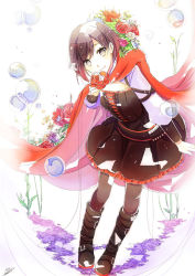 Rule 34 | 1girl, black dress, black footwear, black pantyhose, boots, brown eyes, brown hair, cape, dress, emo (ricemo), flower, frilled dress, frills, gradient hair, holding, holding flower, leaning forward, long sleeves, looking at viewer, multicolored hair, pantyhose, red cape, red flower, red hair, red rose, rose, ruby rose, rwby, short dress, short hair, smile, solo, standing, swept bangs, two-tone hair, white background, white sleeves