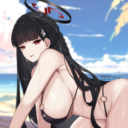 Rule 34 | 1girl, absurdres, amai-pai, arm support, armpits, bikini, black bikini, black hair, blue archive, blue sky, braid, breasts, bright pupils, cloud, highres, large breasts, o-ring, o-ring bikini, outdoors, red eyes, rio (blue archive), sideboob, sky, solo, swimsuit, tongue, tongue out, white pupils