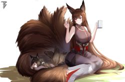 Rule 34 | 2girls, amagi (azur lane), animal ears, azur lane, breasts, brown hair, commander cool, cup, fluffy, fox ears, fox tail, highres, holding, holding cup, japanese clothes, jewelry, large breasts, large tail, long hair, lying, mother and daughter, multiple girls, multiple tails, on stomach, ornate ring, purple eyes, ring, sleeping, smile, tail, twintails, very long hair, wedding ring, white background