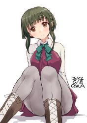 Rule 34 | 1girl, artist name, bob cut, boots, braid, brown eyes, cross-laced footwear, dated, dress, feet out of frame, green hair, grey pantyhose, halterneck, head tilt, highres, kantai collection, lace-up boots, long sleeves, looking at viewer, one-hour drawing challenge, owa (ishtail), pantyhose, purple dress, school uniform, shirt, short hair, short hair with long locks, sidelocks, simple background, sitting, solo, takanami (kancolle), white background, white shirt