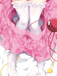 Rule 34 | 1girl, bed sheet, clothes pull, commentary request, feet out of frame, floral print, frilled thighhighs, frills, komeiji satori, looking at viewer, lying, maturiuta sorato, no shoes, on back, out of frame, pink skirt, red eyes, shadow, skirt, skirt pull, solo, thighhighs, thighs, third eye, touhou, white thighhighs