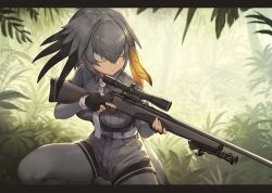 Rule 34 | 1girl, belt, bird tail, bird wings, blonde hair, collared shirt, commentary, commentary request, cowboy shot, elbow gloves, gloves, green eyes, grey hair, guchico, gun, hair between eyes, hair tie, head wings, holding, holding gun, holding weapon, kemono friends, multicolored hair, necktie, pantyhose, rifle, shirt, shoebill (kemono friends), short hair, short sleeves, shorts, sniper rifle, solo, tail, uniform, weapon, winchester model 70, wings