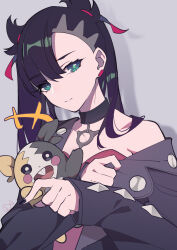 1girl asymmetrical_bangs black_choker black_hair black_jacket black_nails choker closed_mouth creatures_(company) earrings game_freak gen_8_pokemon green_eyes highres holding holding_pokemon jacket jewelry light_smile long_hair looking_at_viewer marnie_(pokemon) morpeko morpeko_(full) nail_polish nintendo pokemon pokemon_(creature) pokemon_swsh single_bare_shoulder twintails undercut upper_body yuzibushijiang